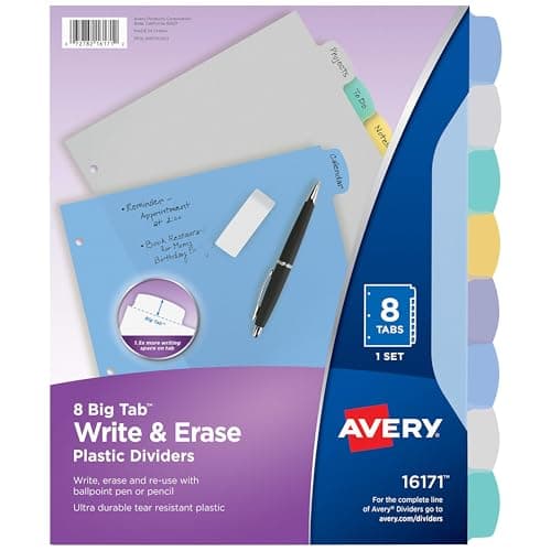 Avery® Durable Write-On Plastic Dividers with Erasable Tabs,11" x 8 1/2", Multicolor, 8 Tabs