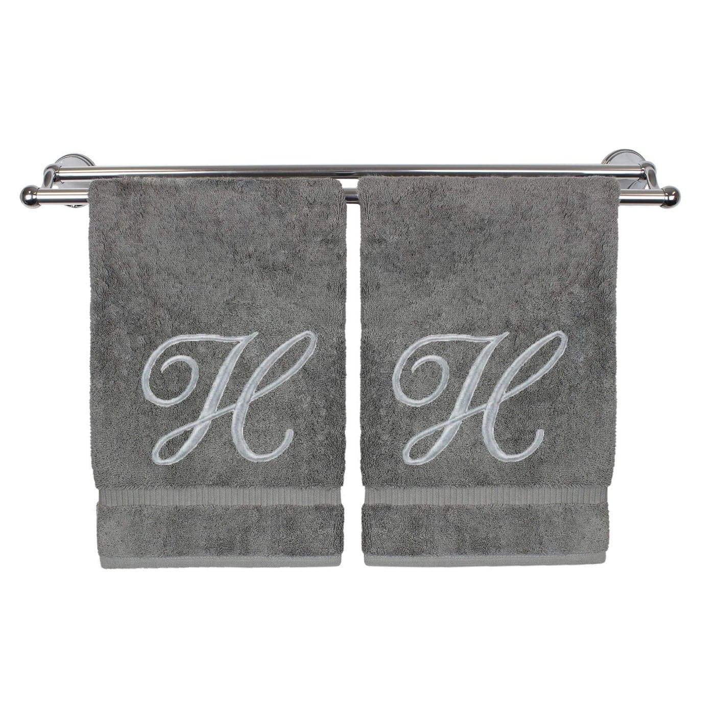 Monogrammed Hand Towel Personalized Gift 16 x 30 Inches Set of 2 Silver Embroidered Towel Extra Absorbent 100 Turkish Cotton Soft Terry Finish for Bathroom Kitchen and Spa Script H Gray