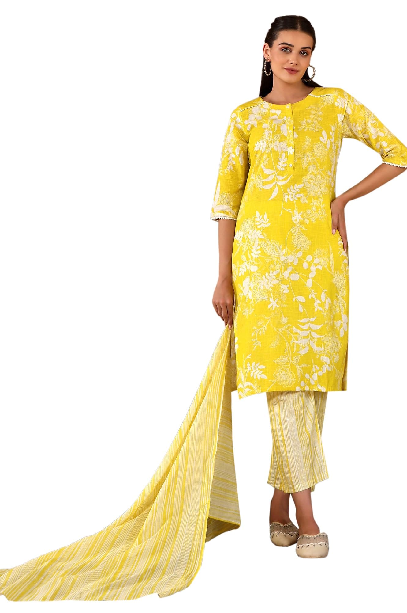 W Women's Light Yellow Floral Printed Cotton Kurta Dupatta Bottomwear with Lace