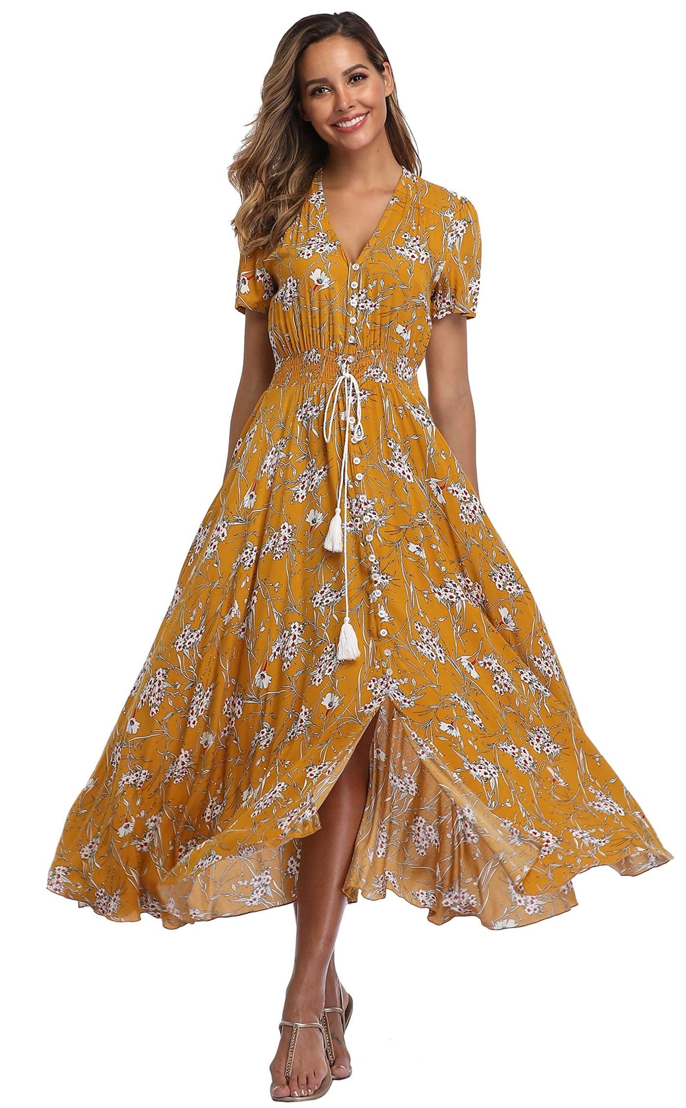 VintageClothing Womens Floral Maxi Dresses Boho Button Up Split Summer Casual Long Dress Beach Party Dress 2XL