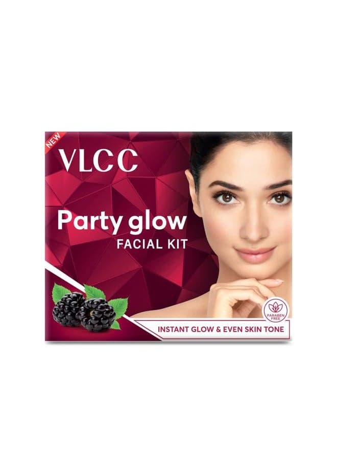 Party Glow Facial Kit - Single Use | Salon Like Facial at Home in Just 6-Steps | Includes Cleanser, Scrub, Cream, Face Pack & Moisturizing Gels | 2.12 Oz/60g