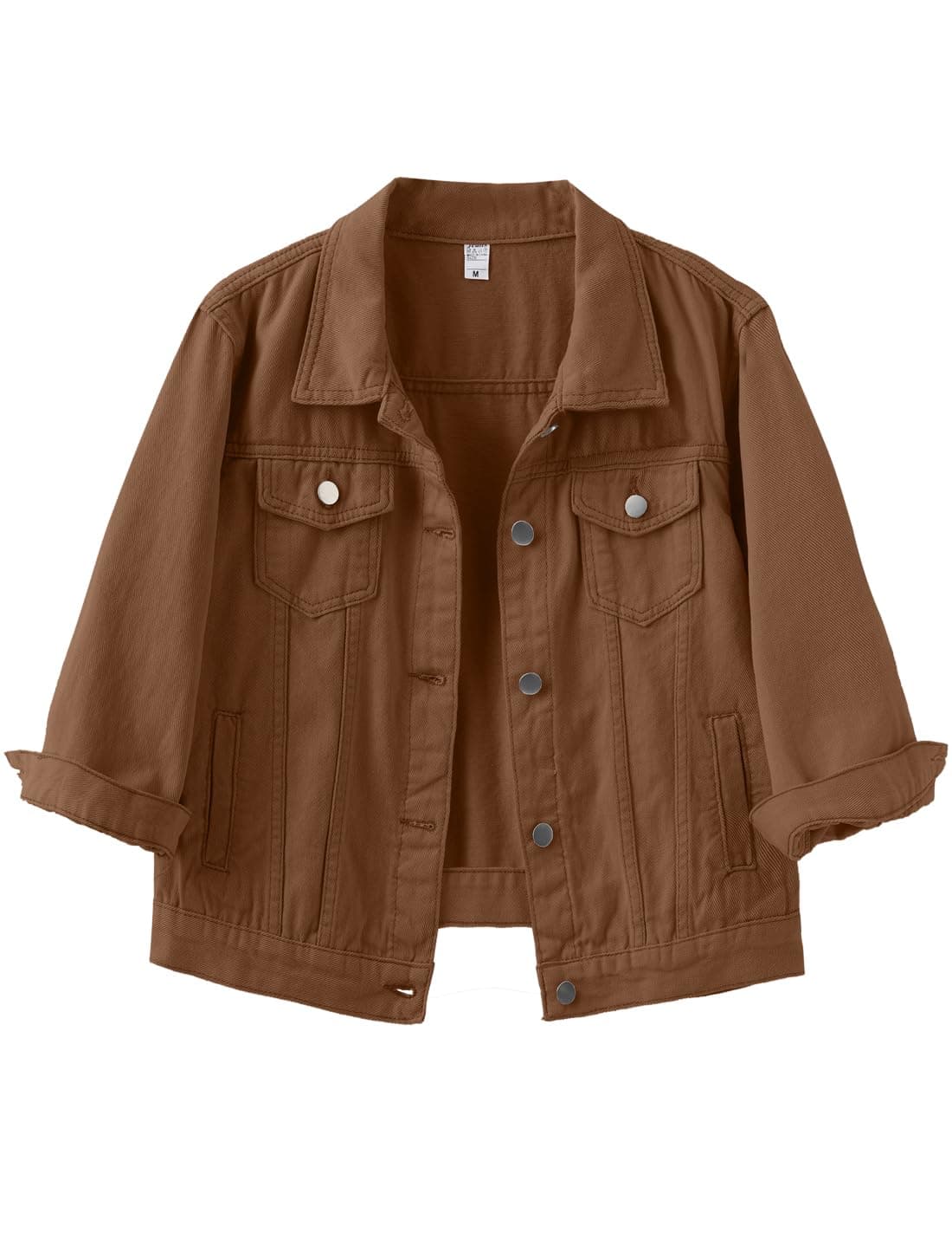 Locachy Womens 3/4 Sleeve Short Denim Jacket Lapel Button Down Cropped Trucker Jean Jackets Coats Dark Khaki L