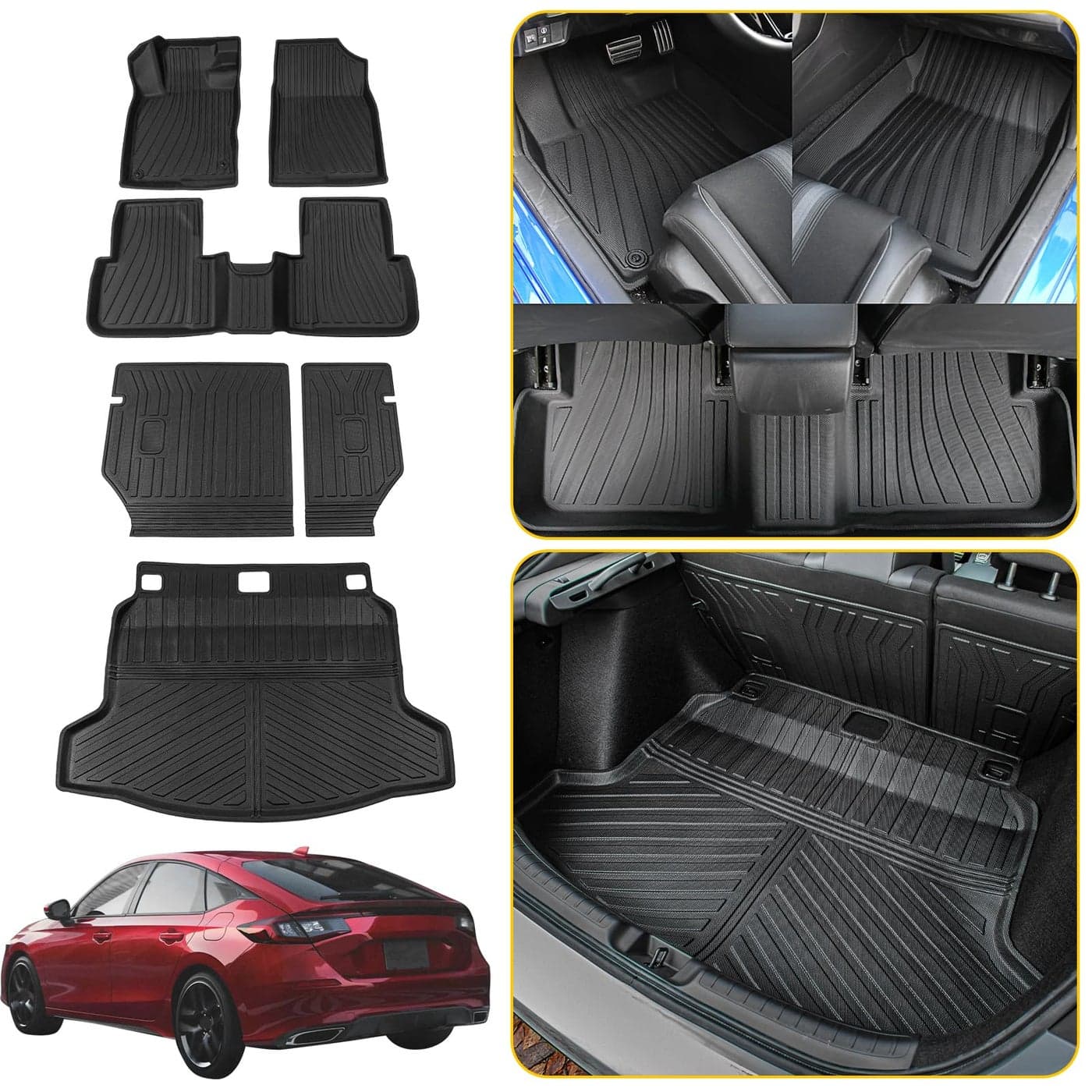Maxzina Floor Mats Compatible with 20222025 Honda Civic Hatchback Cargo Mat Liner TPE Trunk Mat Back Seat Cover Protector Kick Mat Civic Hatchback Accessories Backrest MatsTrunk MatFloor Mats