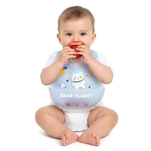 GLUN® Silicone Clear Bib with Front Bowl, Pack of 1 Cute Bear Print, Easily Wipes Clean, Comfortable Soft Baby Bibs, Less Time Cleaning after Meals for Babies