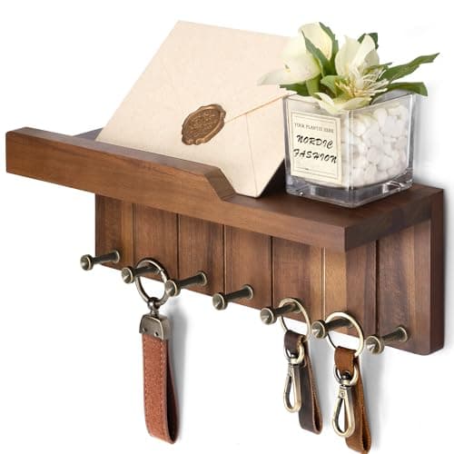 Rebee Vision Farmhouse Key Holder Wall Mount Decorative Mail Organizer with 7 Key Hooks and Wall Shelf Rustic Home Decor for Apartment Essentials Acacia Wood