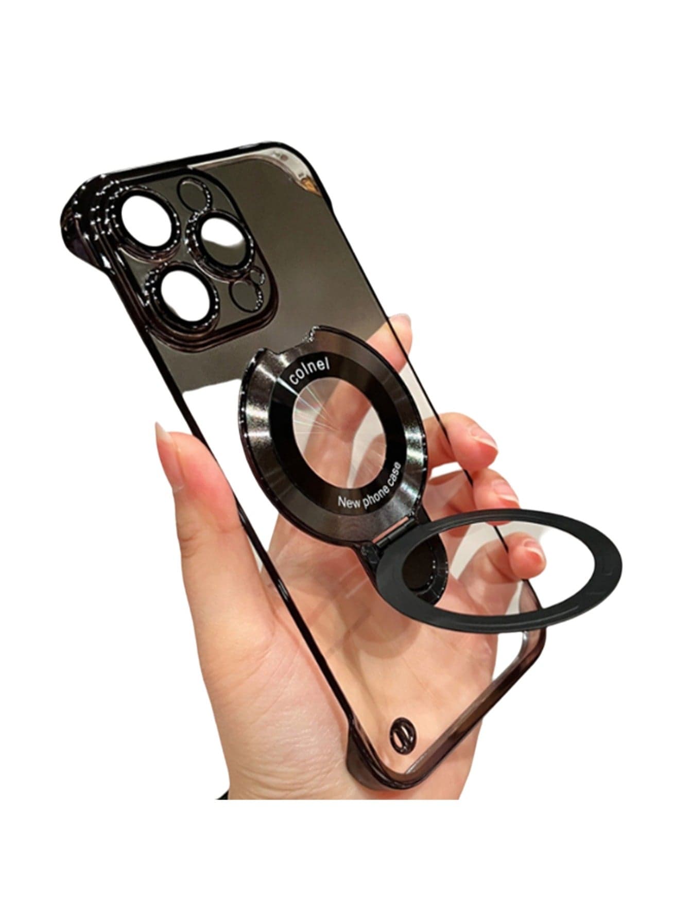 Transparent Black Iphone 16promax Ultra-Thin Electroplating Frameless Rotating Magnetic Bracket Phone Case Magnetic Back Cover, Phone Case With Strong Magnets For Apple 16promax (2024)