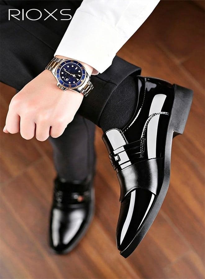 Men's Business Casual Leather Loafers, Slip-On Glossy Finish Dress Shoes with Breathable PU Upper and Lightweight, Non-Slip Sole, Classic Round-Toe Oxford Style for Work and Everyday Wear, Ideal for the Office, Driving, Weddings, Parties, and Travel, Black