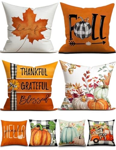 TOYPOPOR Fall Decorations Pillow Covers DoubleSide Printing 20 x 20 Set of 4 Pumpkins Thankful Blessed Buffalo Plaid Fallen Leaves Thanksgiving Throw Cushion Cases for Outdoor Indoor Home Decor