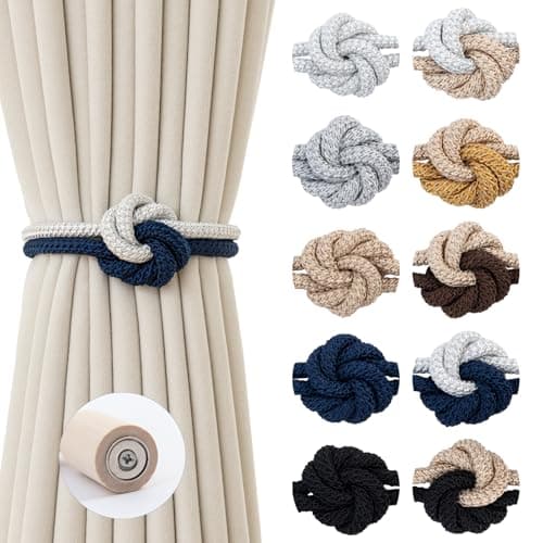 Contoeey Magnetic Curtain Tiebacks Holdbacks - Wood Tie Backs Rope Holder with Floral Knot Design for No Drill Easy Install, Modern Boho Home Decor (2Pack, White+Navy)