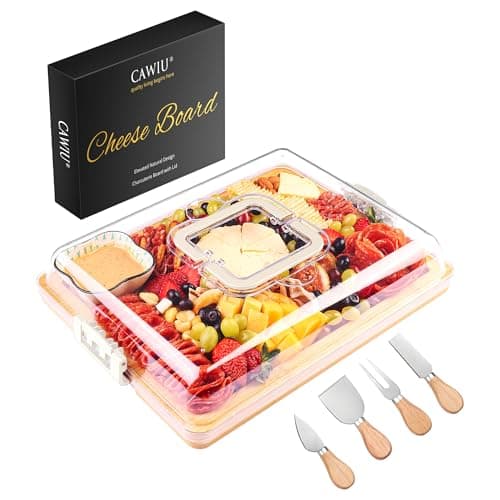 CAWIU Charcuterie Board with Lid and Handle - Portable Travel Design Bamboo Cheese Board Set with 4 Cheese Tools, Gift for Housewarming, Weddings, Picnics (1 Compartment, White)