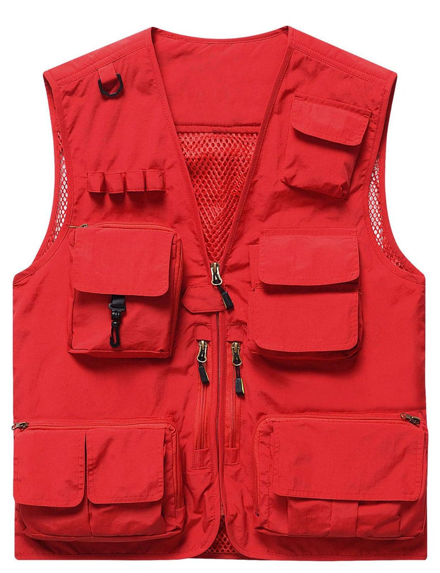 Flygo Mens Casual Lightweight Outdoor Fishing Work Safari Travel Photo Cargo Vest Jacket Multi PocketsSmall Red