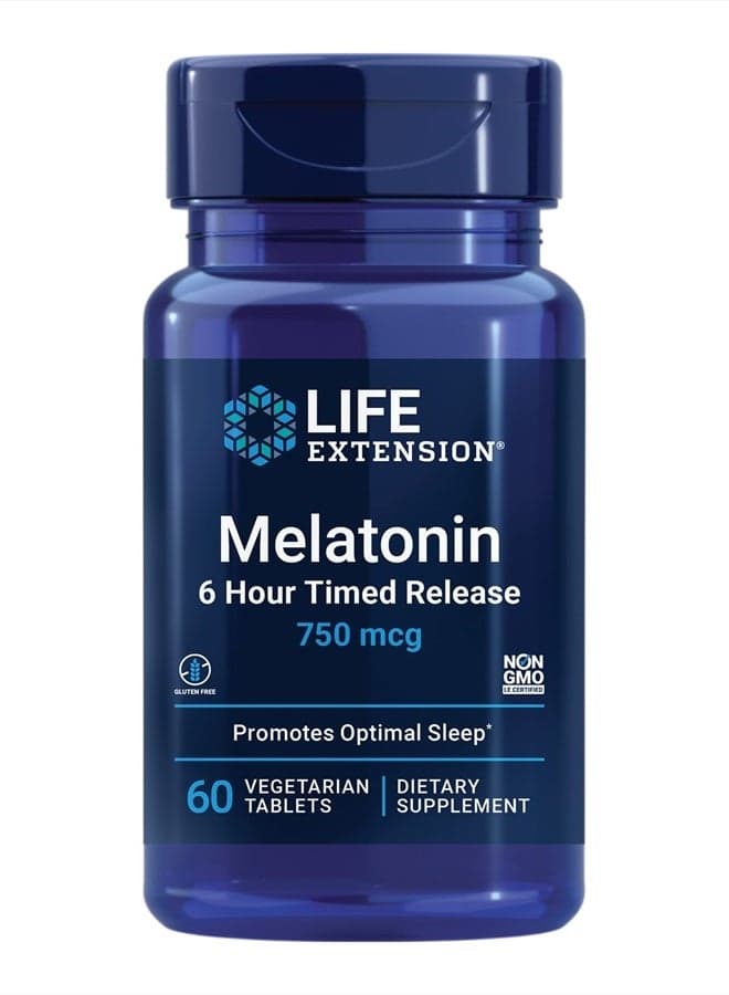 Melatonin 750 mcg 6 Hour Timed Release - Sleep & Cellular Health Support in a Gradual-Release Formula – Melatonin Supplement - Gluten-Free, Non-GMO - 60 Vegetarian Tablets