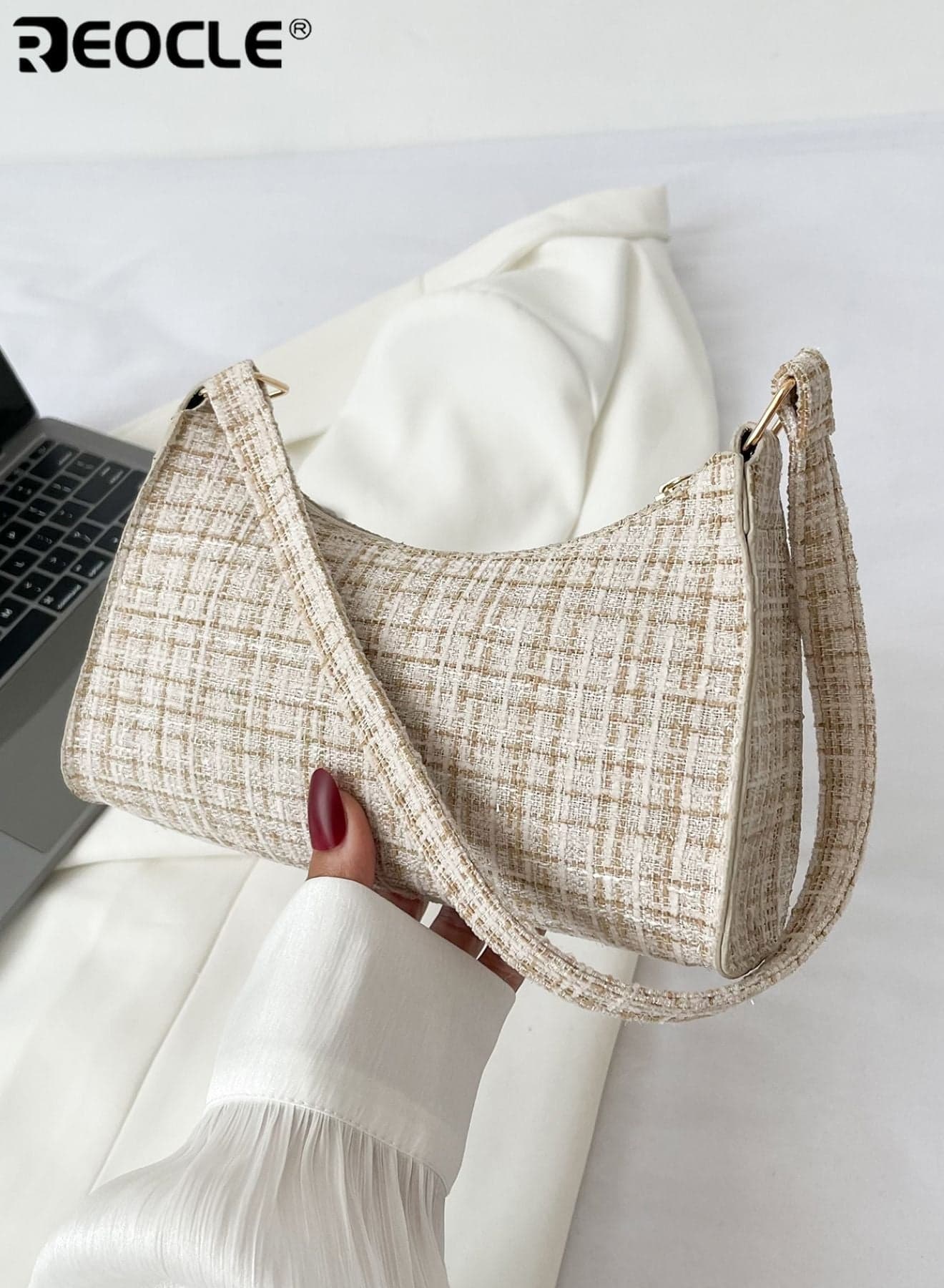 Women's Textured Tweed Fabric Baguette Shoulder Bag with Zipper Closure Elegant Casual Underarm Bag for Daily Commute Brunch Dates & Office Use