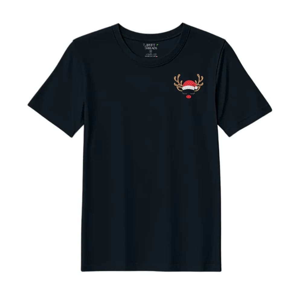 Threads Medium Black Polycotton T-Shirt - Christmas "Sleeping Reindeer Face" Embroidered Design, Premium Holiday Collection
