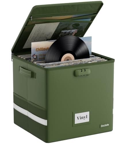 DocSafe Vinyl Record Storage Box with Lock FireproofWater Resistant Record Organizer for 100 Single Records12inch Collapsible Storage Crate with LidHandles for Valuable Album CollectionGreen