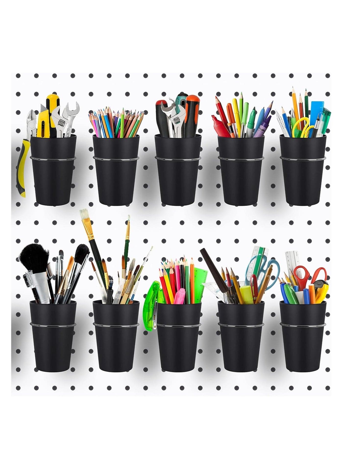 10 Pack Pegboard Cups with Loops, Peg Board Tools Storage Arrange System Kit, Hooks for Cup Holder Garage Craft Workshop Workbench Hobby Office, Black