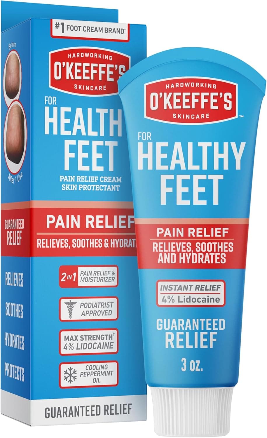 O'Keeffe's for Healthy Feet Pain Relief Skin Protectant Cream; 3 Ounce Tube (Pack of 1); Foot Pain Relief Cream; Cooling Foot Cream