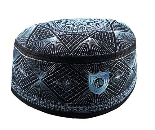 Alwee ALW007 Muslim Kufi Hat Islam Prayer Headware Men Skull Cap Ramadan Eid Gift (21.5 inch (Teen)) Black/Blue