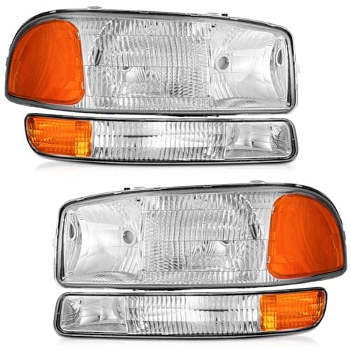WEELMOTO for 1999-2006 Sierra 1500 headlights for 01-06 Sierra 2500 HD 3500 1500 HD/ 99-06 Yukon/00-06 Yukon XL 1500 2500 Headlamp Chrome Housing Amber Reflector Left+Right