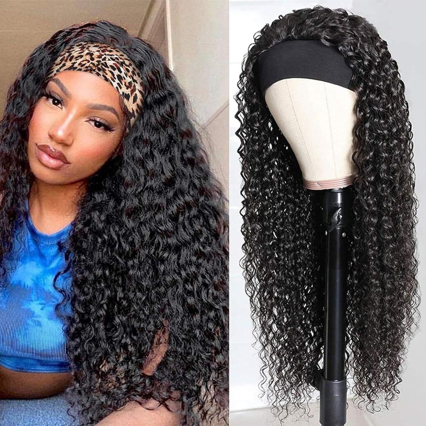 Deep Wave Headband Wigs Human Hair for Black Women 180 Density Brazilian Virgin Human Hair None Lace Front Wigs Machine Made Wigs Glueless Deep Curly Headband Human Hair Wig 18 Inch