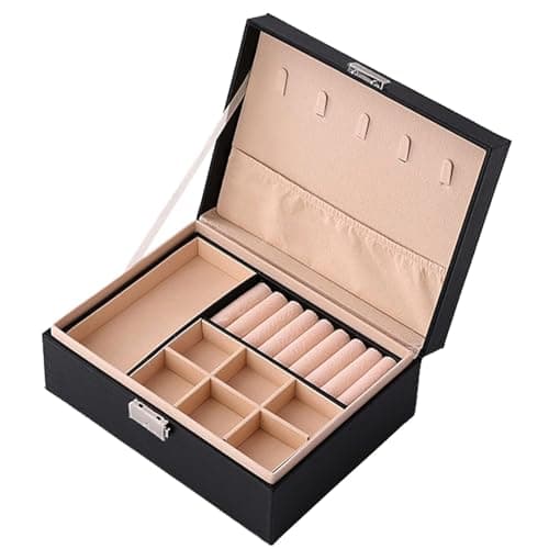 ketmart Jewelry Box Organizer for Women Girls,Large PU Leather Jewellery Storage Case with 2 Layers Display Holder & Removeable Tray for Earrings Rings Necklaces Bracelets(Color- Black)