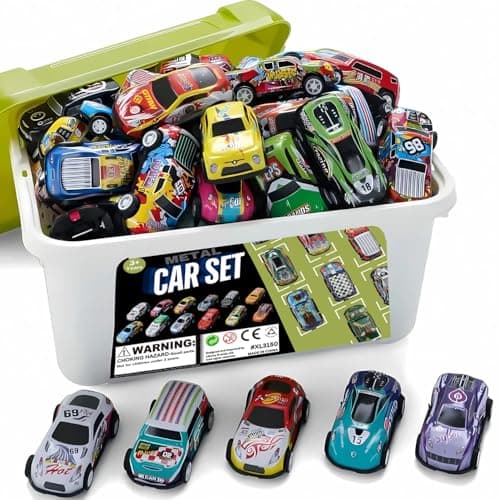 Liberty Imports 50 Piece Metal Alloy Die-cast Cars Pack Toy Play Set in Storage Carrying Bucket – 1:64 Scale Pull Back Action Miniature Vehicles Collection, Perfect for Party Favors & Kids