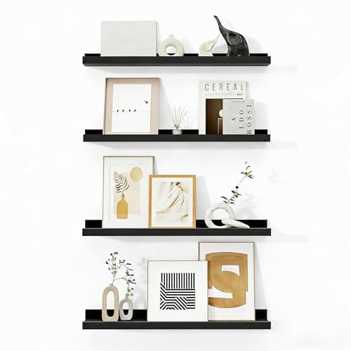 Fun Memories Picture Ledge Shelf, Black Floating Shelves Set of 4, 24 Inch Picture Shelves for Wall with Ledge, Large Nursery Book Shelf for Toys Storage, Living Room, Bedroom Decor Frames