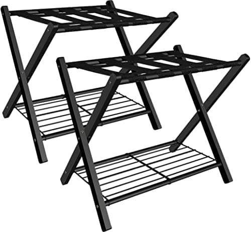 mocomax 2 Pack Folding Luggage Rack for Guest Room, Foldable Suitcase Stand Holder with Metal Storage Shelf for Bedroom, Living Room, Hotel Essentials, Heavy Duty Steel Frame, Black
