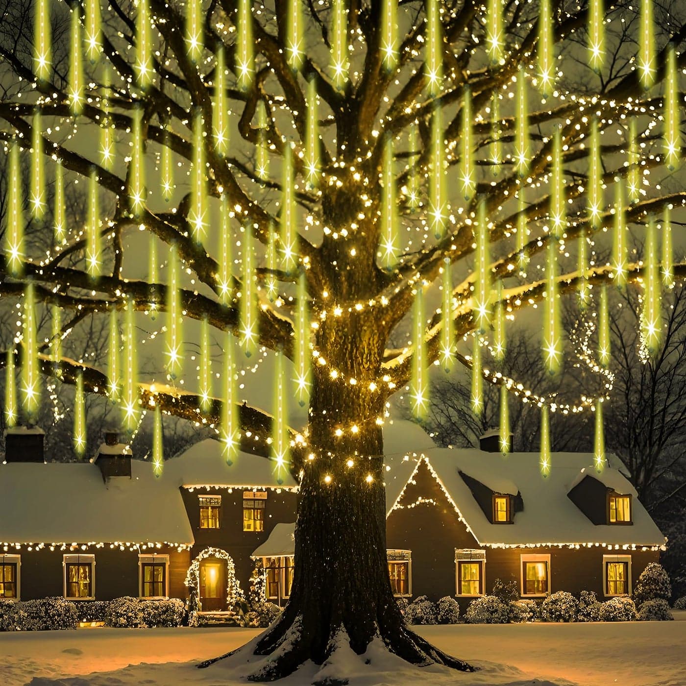 Adecorty Christmas Lights Outdoor UL Certified Falling Rain Drop Light 8 Tubes 192 LED Meteor Shower Snow Dripping Icicle Lights for Xmas Tree Christmas Decorations Holiday Party Warm White