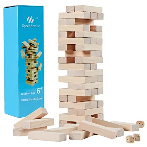 SpeedArmis Mini Tumble Tower 54PCS Wooden Stacking Game for Teens Pine Stack Timber Board Games with 4 Dice Set Classic Xmas Gifts for Teens