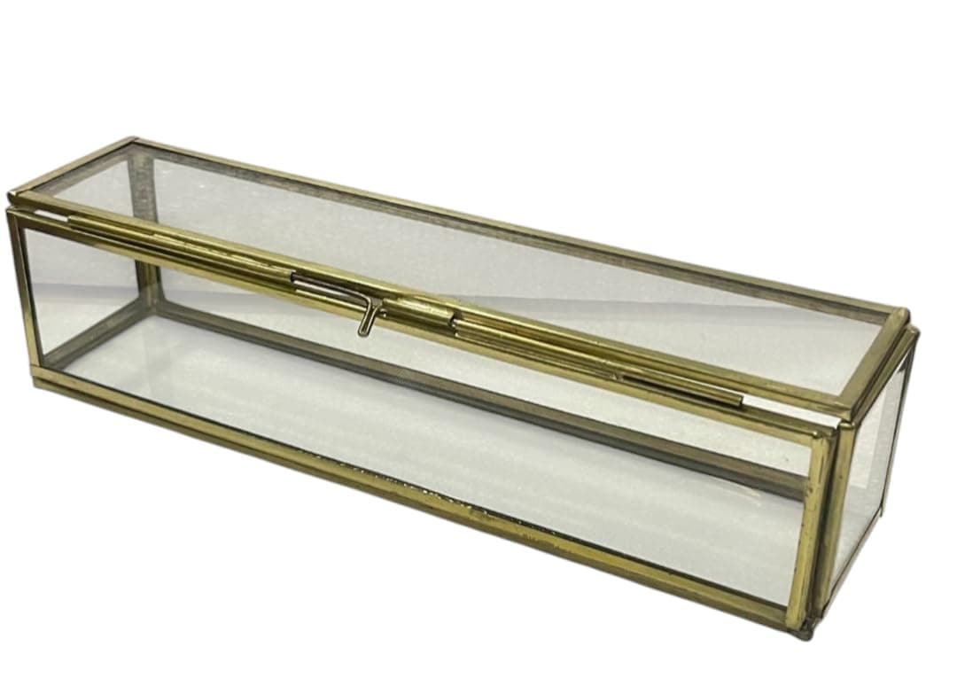 Eoast Decorative Glass Brass Rectangular Royal Invitation Box Home Decor Display Vintage Jewelry Organizer Decorative Accent 9x2x2 inch Golden