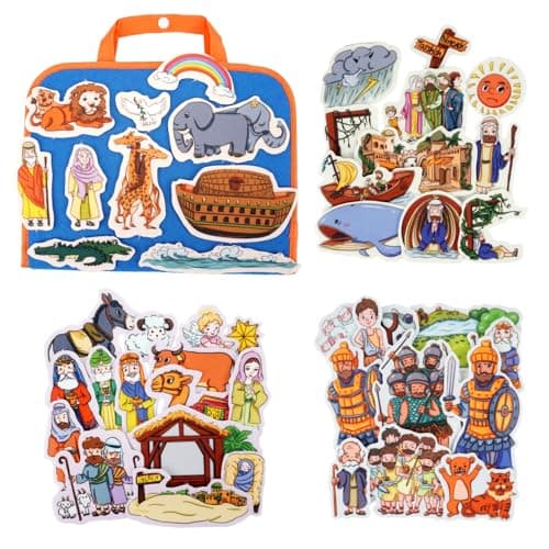 CHEFAN 4 Pack Felt Board Bible Stories Set Flannel Board Stories Include Noahs Ark Jonah and The Whale David and Goliath The Nativity of Jesus 50 pcs Precut Flannel Graph Bible Toys for Kids