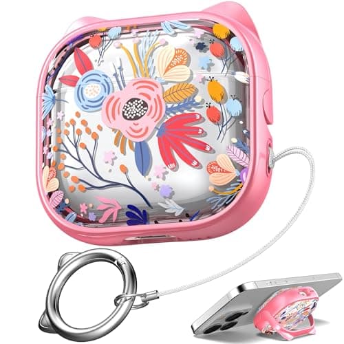MHYALUDO for AirPods 4 Case with Cleaning Kit, Cute Cat Ear Print Design & Cute Buckle, Inverted Phone Holder Design, Top Safe Lock Buckle Design, for Girls AirPods 4 case 2024,Clear Flowers