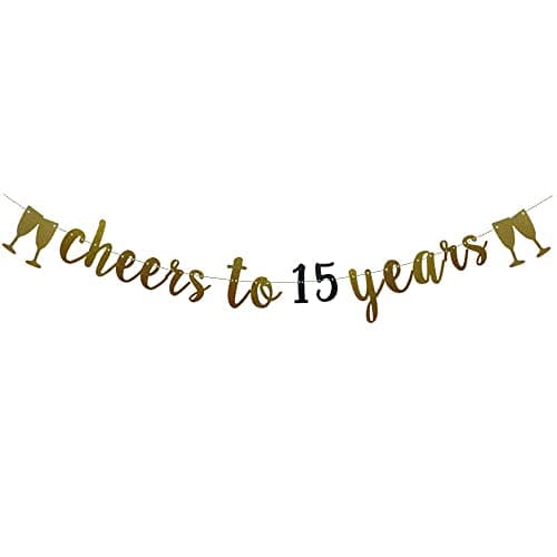 Festiko®Cheers to 15 Years Banner Gold and Black Glitter Paper Party Decorations for 15 TH Wedding Anniversary 15 Years Old 15TH Birthday Party Supplies Letters Black and Gold