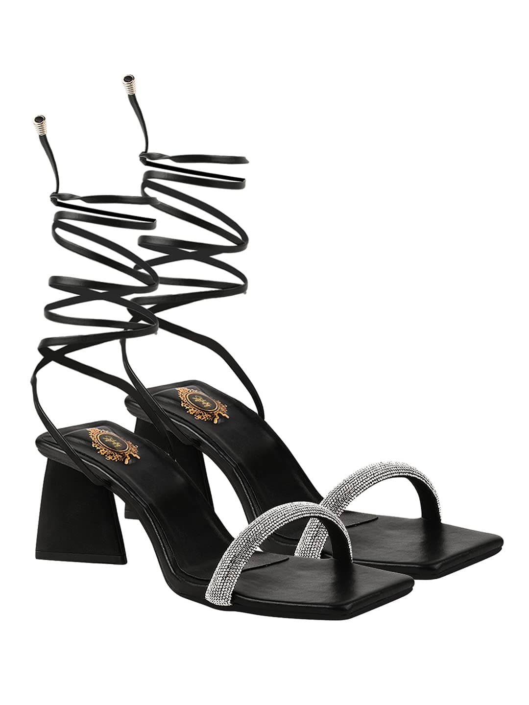 Shoetopia Embellished Stutted Strap Black Heeled Sandals For Women & Girls /UK4