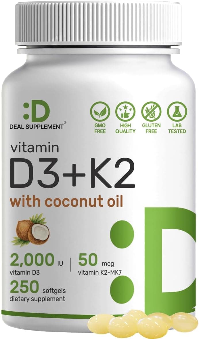 DEAL SUPPLEMENT Vitamin D3 2000 IU K2 MK7 50mcg Softgels 2in1 Complex with Virgin Coconut Oil Supports Heart Bone Teeth Immune Health Easy to Swallow