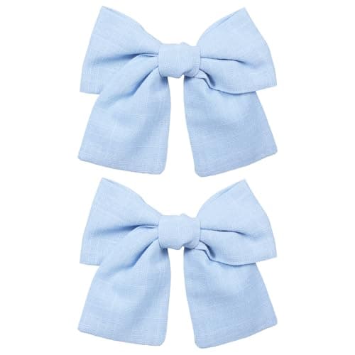 2pc Light Blue Hair Bows Clips 4 Cotton Linen Ribbon Alligator Barrettes Hairpins for Toddler Teen Girl Women Birthday Summer Beach Party School Dress Decor Accessories Gift