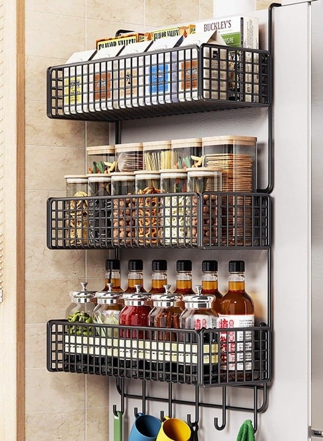 Kitchen Refrigerator Side Wall Mounted Storage Rack Spice Rack Storage Rack Item Placement Rack With Hooks 38x71cm