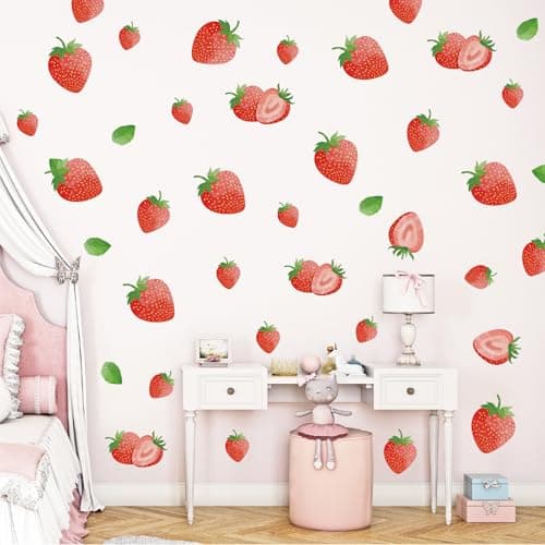 Strawberry Wall Decals 8 Sheets 64 Pcs Removable Red Strawberry Wall Stickers Peel and Stick Fruit Wall Dcor for Girls Bedroom Dorm Nursery Kitchen Bathroom