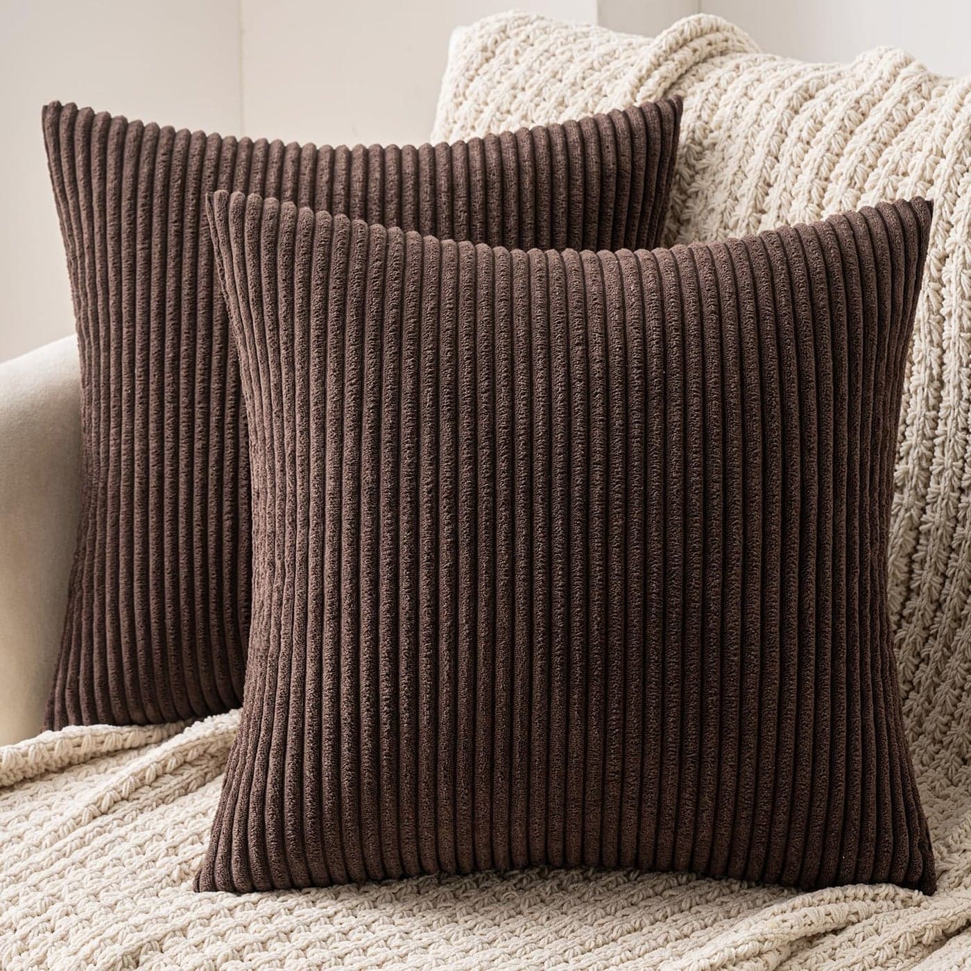 MIULEE Set of 2 Striped Corduroy Square Throw Pillow Case Soft Cushion Covers Sham Home for Sofa CouchBedroom Decorative Fluffy Large Pillowcases 16x16 Inch 40x40cm Chocolate