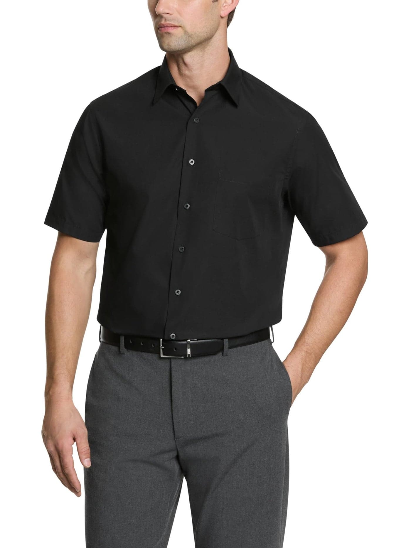 Van Heusen Men's Short Sleeve Dress Shirt Regular Fit Poplin Solid, Black, 16" Neck