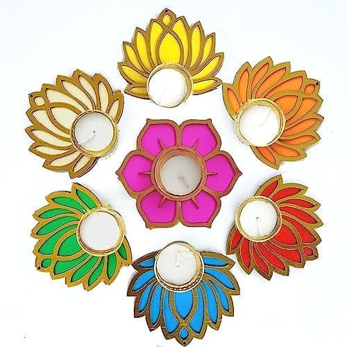 Gift Jaipur Wooden Multicolor Mix Lotus Flower Diya Rangoli 7 pc Candles with Wax | Deepak for Home Temple Decorations on Diwali Dusshera Wedding Pooja New Year