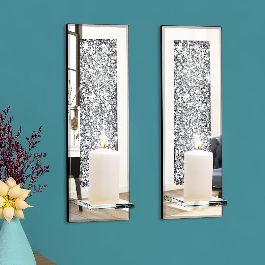 Pibeyer Crystal Crush Diamond Wall Candle Holder Set of 2 Rectangle Silver Mirrored Candle Sconces Home Wall Decoration for Living RoomDining Room Bedroom