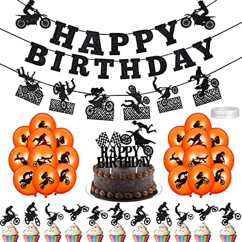 Chalyna 84 Pieces Motorcycle Birthday Party Decorations Dirt Bike Birthday Party Supplies Include Motorcycle Banner Cupcake Topper Latex Balloons for Motocross Sports Themed Decor