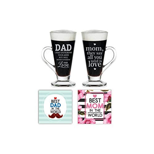 YaYa cafe Anniversary Gifts for Parents, I Love You Mom Dad Glass Couple Tea Mugs Mom Dad, Coasters Combo Set of 4 | Wedding Marriage Couple Gifts