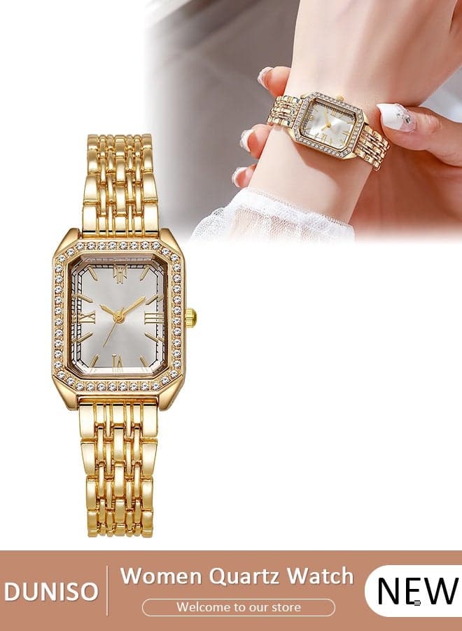 Fashion Women's Glitter Wrist Watch Waterproof Diamond Studded with Stylish Luxury Small Square-shaped Stainless Steel Band Bracelet Watch Square Watch for Girls Ladies