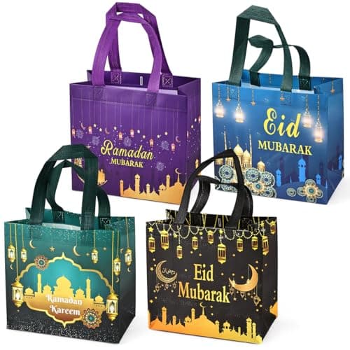 Aviski 4PCS Eid Mubarak Reusable Gift Bags Treat Bags with Handles Ramadan Mubarak Party Bags Multifunctional NonWoven Eid Bags for Gifts Wrapping Ramadan Kareem Party Supplies 928743
