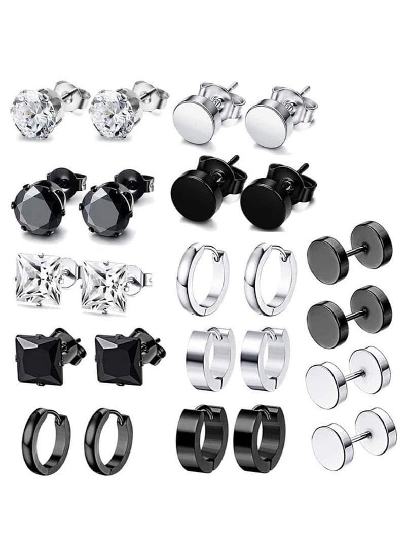 Earrings for Men, Stainless Steel Black Stud Earrings Hoop Earrings Set for Unisex, Boys Girls Jewelry Set Gift (12 Pairs Set)