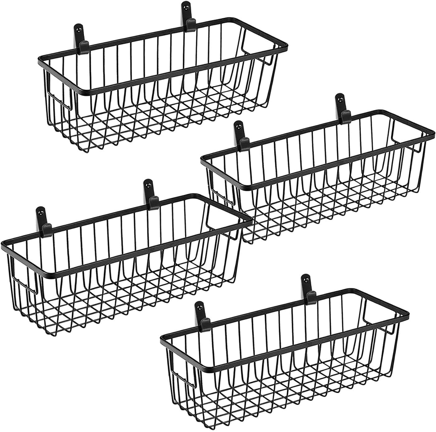 SHIOK DECOR Farmhouse Metal Wire Wall Mounted Small Bin Basket Portable Rustic Hanging Wall Basket for Cabinets Pantry Closets Bathroom Home Kitchen Storage Organizer Pack of 4 Black