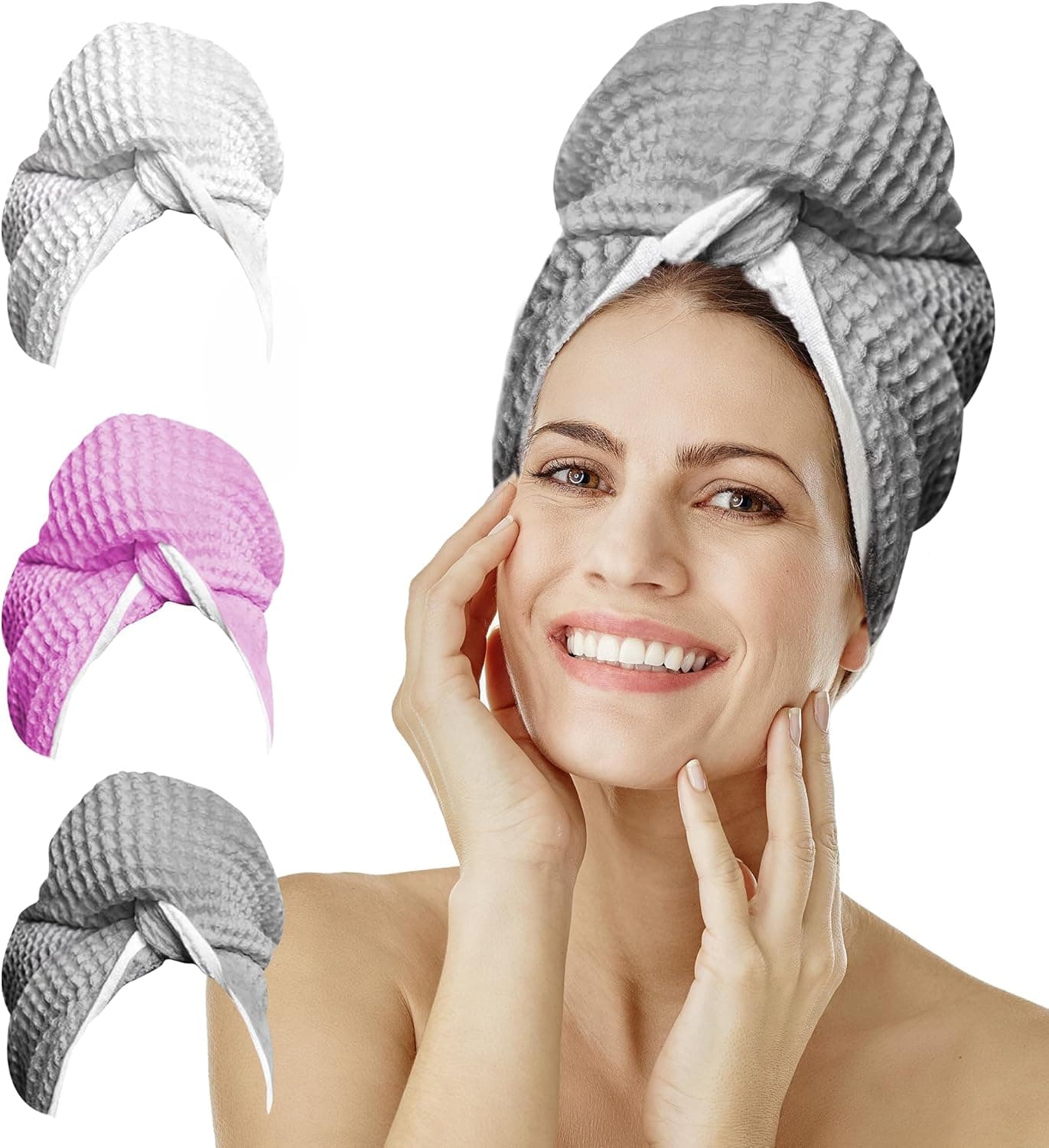 Microfiber Hair Towel Wrap for Women Extra Large 45 x 25 Hair Towels for Long Hair Anti Frizz Breathable Quick Dry Towel for Wet Curly Straight with Elastic Loop Waffle Knit Towels Grey
